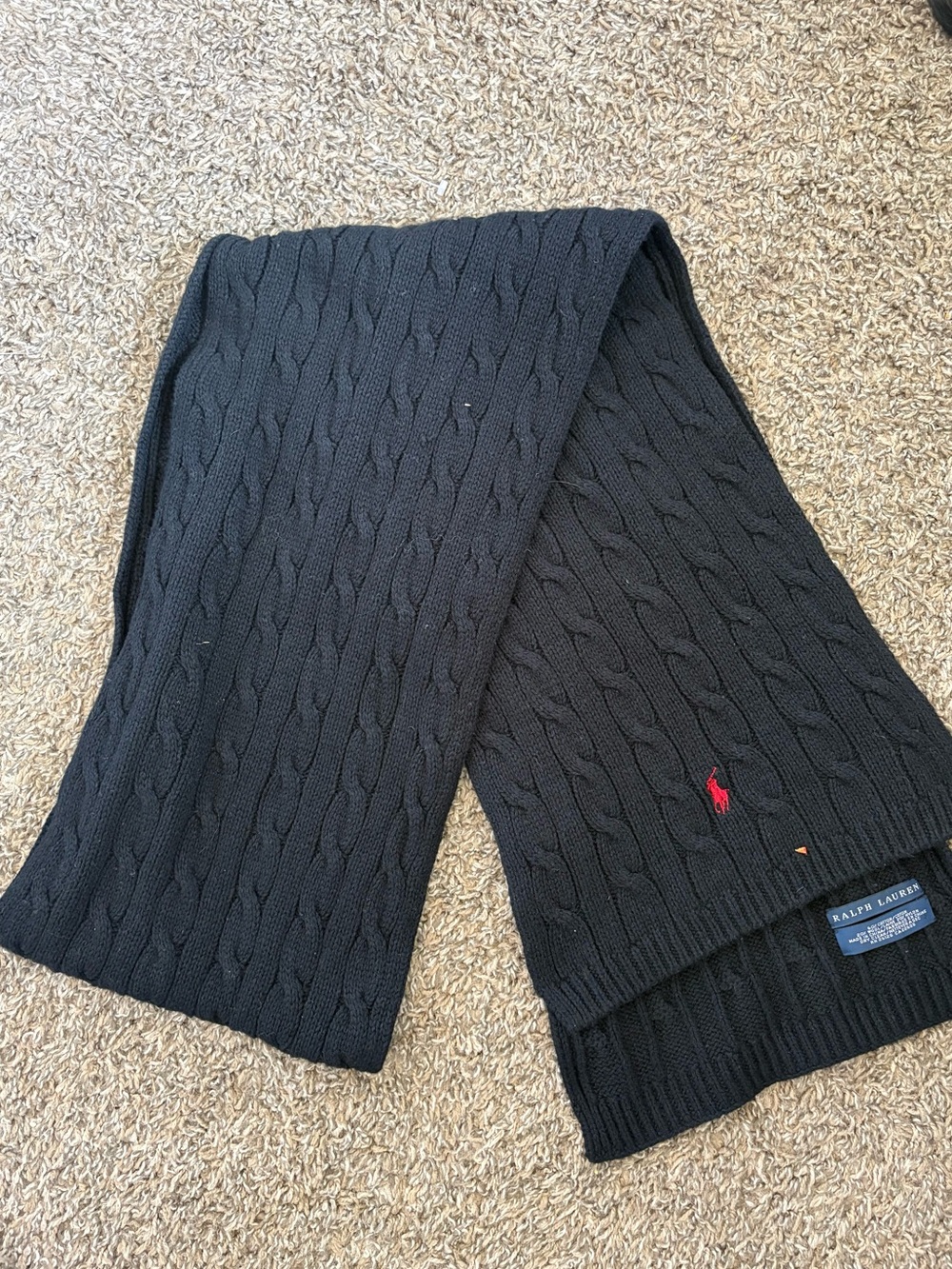 RALPH‎ LAUREN POLO MENS WOOL CABLE KNIT SCARF BLACK WITH RED LOGO